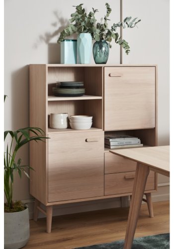 Porto hj sknk, m. 2 lger, 3 hylder og 2 skuffer - hvidolieret egetrsfinér og tr (100x40)