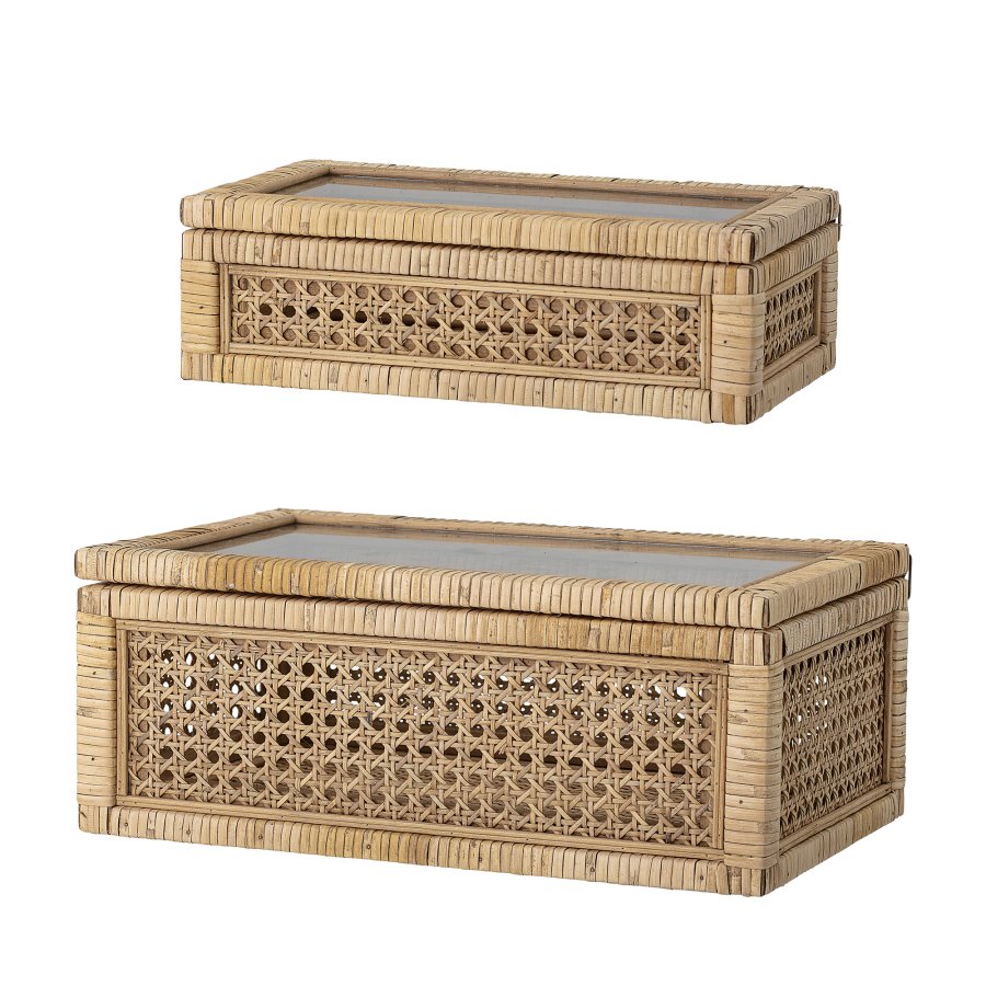 BLOOMINGVILLE Lally Box med lokk, Natural, Rattan, sett med 2, L32xH9xB17/L39xH15,5xB24 cm