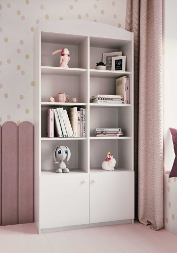 Babydreams barnebokhylle, m. 2 drer og 8 hyller - hvit laminat