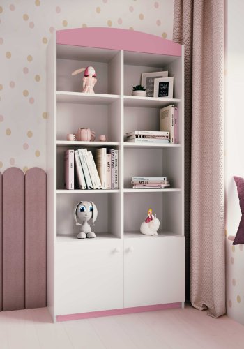 Babydreams barnebokhylle, m. 2 drer og 8 hyller - hvit og rosa laminat