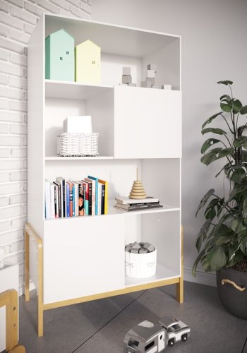 Victor barnebokhylle, m. 2 drer og 4 hyller - hvit laminat og naturlig eik