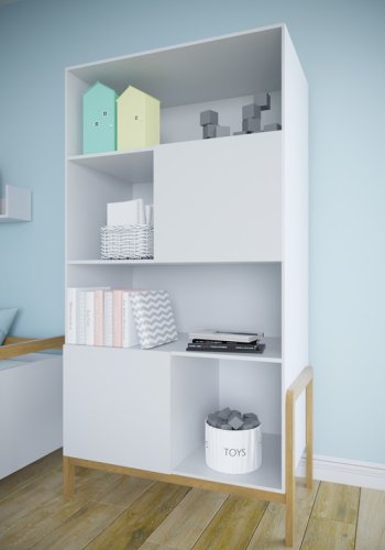 Victor barnebokhylle, m. 2 drer og 4 hyller - hvit laminat og naturlig eik