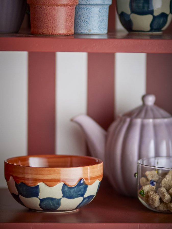 BLOOMINGVILLE Check Bowl, Blau, Steingut (D14xH7 cm, 4er-Set)