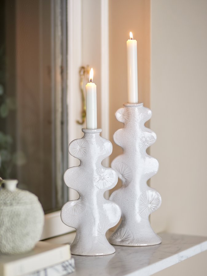 BLOOMINGVILLE Cason Kerzenhalter, Wei, Steingut (L12,5xH25,5xB8,5/L12xH31xB10,5 cm, 2er-Set)