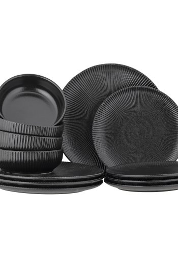 BLOOMINGVILLE Neri Geschirr-Set, Schwarz, Steingut (B:T17xH5,5/T:T23xH2/T:T29,5xH2, Set mit 4x3 Teilen)