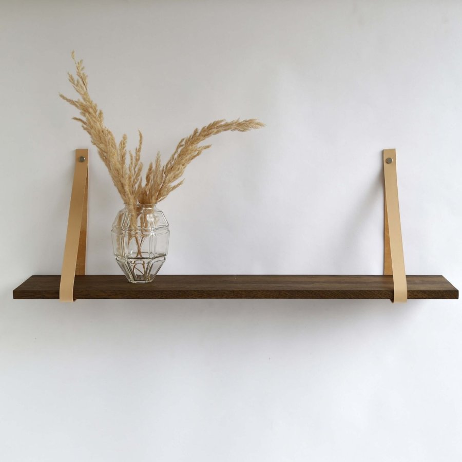 NocNoi Harre Vig Wandregal – geräucherte Eiche mit Naturlederband, 50–100 cm.