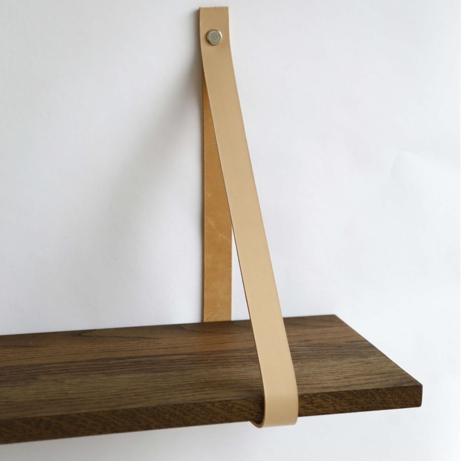 NocNoi Harre Vig Wandregal – geräucherte Eiche mit Naturlederband, 50–100 cm.