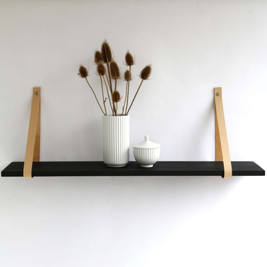 NocNoi Harre Vig Wandregal - schwarz geölte Eiche mit Naturlederband, 50-100