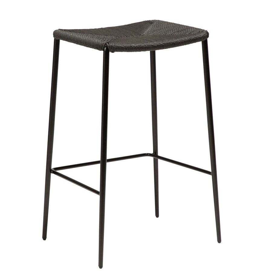 DAN-FORM Stiletto Barhocker, mit Fußstütze – schwarze Papierkordel und schwarzes Metall