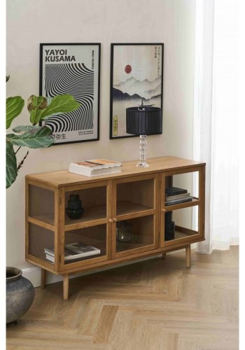 Svendborg Lille sk�nk, m. 3 l�ger og 2 hylder - glas og natur egetr�sfin�r og egetr�