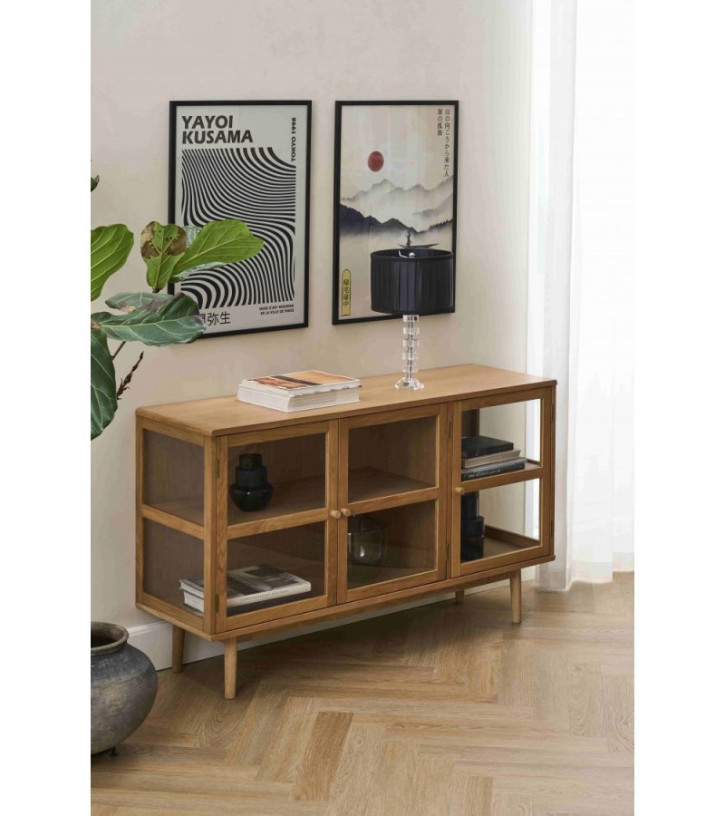 Svendborg Lille sk�nk, m. 3 l�ger og 2 hylder - glas og natur egetr�sfin�r og egetr�