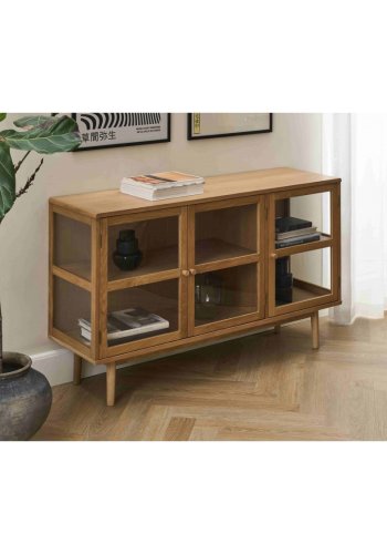 Svendborg Lille sk�nk, m. 3 l�ger og 2 hylder - glas og natur egetr�sfin�r og egetr�