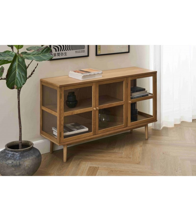 Svendborg Lille sk�nk, m. 3 l�ger og 2 hylder - glas og natur egetr�sfin�r og egetr�