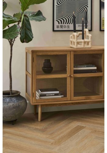 Svendborg Stor sk�nk, m. 4 l�ger og 2 hylder - glas og natur egetr�sfin�r og egetr�