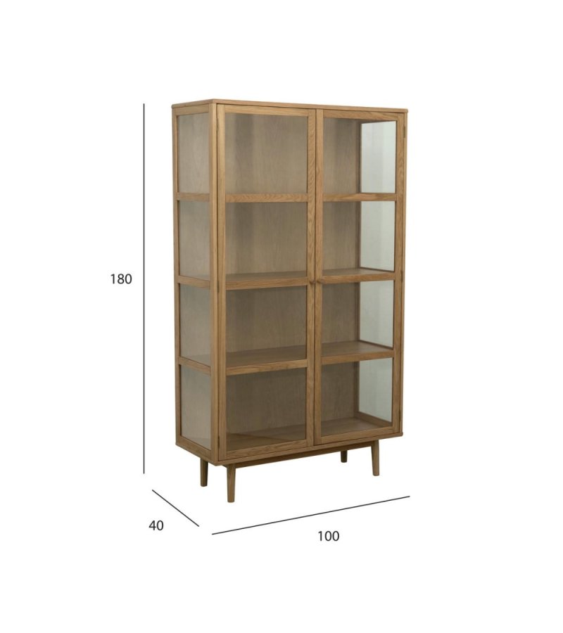 Svendborg H�jt vitrineskab, m. 2 l�ger og 3 hylder - glas og natur egetr�sfin�r og egetr�