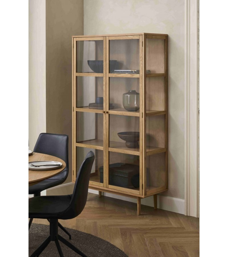 Svendborg H�jt vitrineskab, m. 2 l�ger og 3 hylder - glas og natur egetr�sfin�r og egetr�