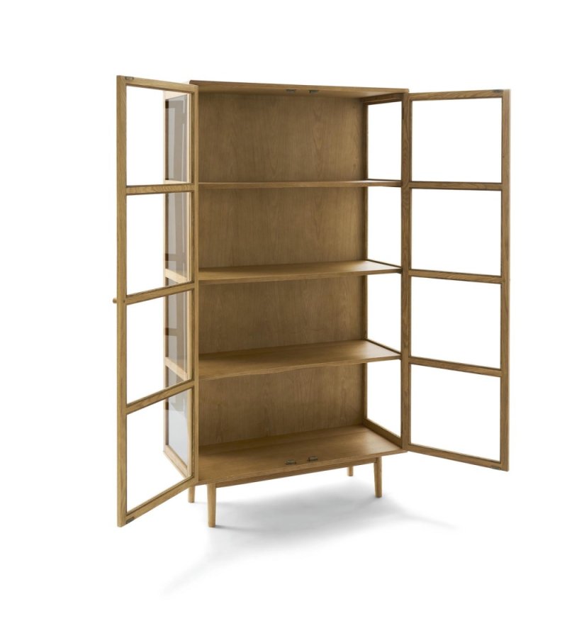 Svendborg H�jt vitrineskab, m. 2 l�ger og 3 hylder - glas og natur egetr�sfin�r og egetr�