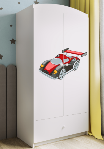 Babydreams Kinderkleiderschrank mit Rennauto, 2 Türen, 1 Schublade - Laminat weiß