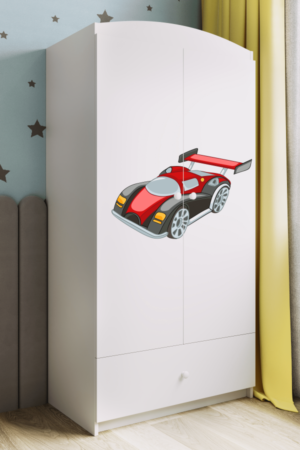 Babydreams Kinderkleiderschrank mit Rennauto, 2 Türen, 1 Schublade - Laminat weiß