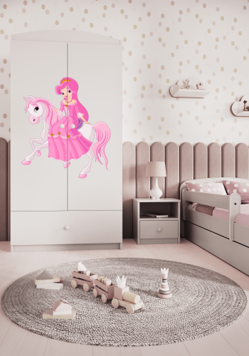 Babydreams Kleiderschrank für Kinder mit Prinzessin auf Pferd, 2 Türen, 1 Schublade - weißes Laminat