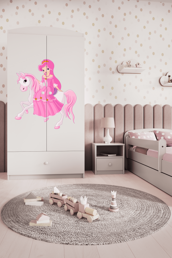Babydreams Kleiderschrank für Kinder mit Prinzessin auf Pferd, 2 Türen, 1 Schublade - weißes Laminat