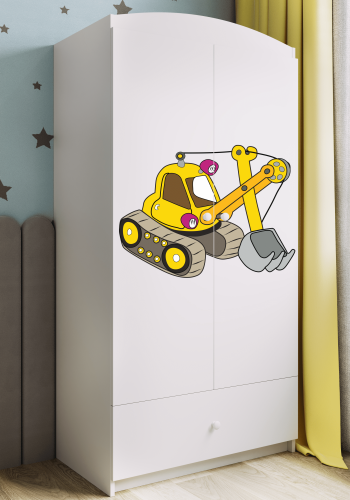 Babydreams garderobeskab til brn med gravemaskine, m. 2 lger, 1 skuffe - hvid laminat