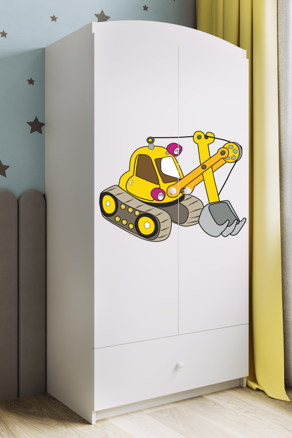 Babydreams garderobeskab til brn med gravemaskine, m. 2 lger, 1 skuffe - hvid laminat