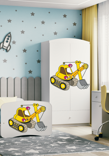 Babydreams garderobeskab til brn med gravemaskine, m. 2 lger, 1 skuffe - hvid laminat