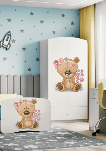 Babydreams garderobe for barn med bamse med blomster, m. 2 drer, 1 skuff - hvit laminat