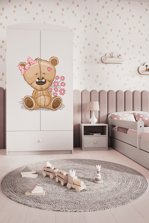 Babydreams garderobe for barn med bamse med blomster, m. 2 drer, 1 skuff - hvit laminat