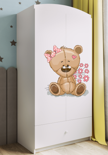 Babydreams garderobe for barn med bamse med blomster, m. 2 drer, 1 skuff - hvit laminat