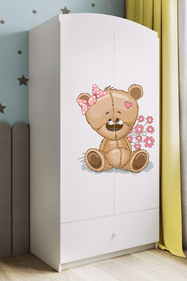 Babydreams garderobe for barn med bamse med blomster, m. 2 drer, 1 skuff - hvit laminat