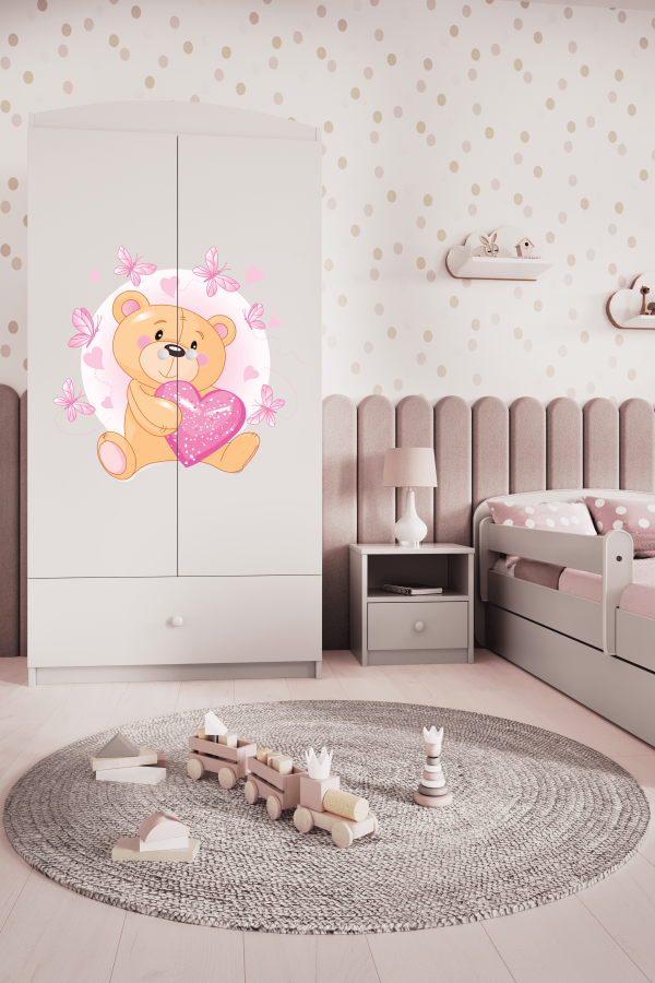 Babydreams garderobe for barn med en bamse med sommerfugler, m. 2 drer, 1 skuff - hvit laminat