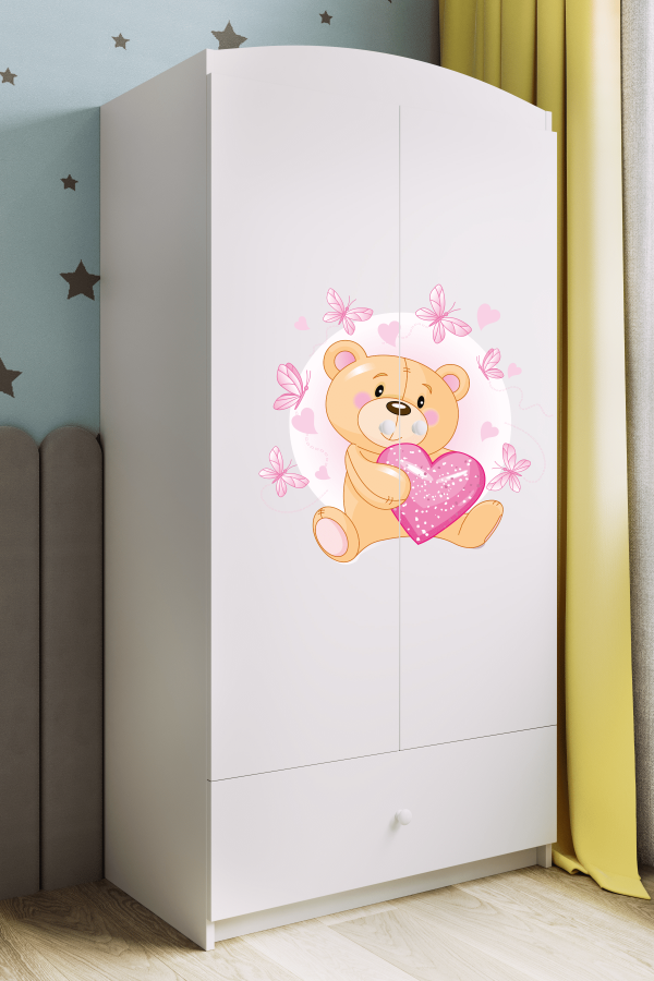 Babydreams garderobe for barn med en bamse med sommerfugler, m. 2 drer, 1 skuff - hvit laminat