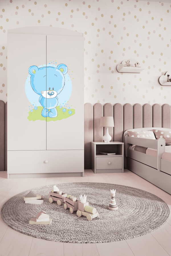 Babydreams garderobe for barn med bl bamse, m. 2 drer, 1 skuff - hvit laminat