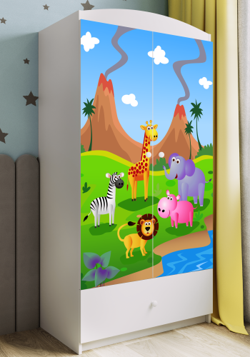 Babydreams Kleiderschrank für Kinder mit Safaritieren, m. 2 Türen, 1 Schublade - weißes Laminat
