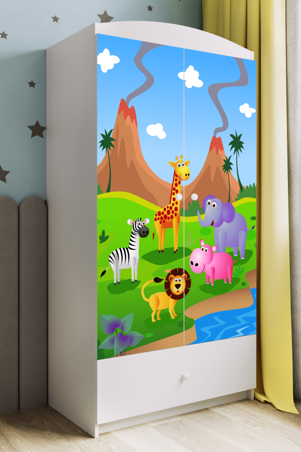 Babydreams Kleiderschrank für Kinder mit Safaritieren, m. 2 Türen, 1 Schublade - weißes Laminat