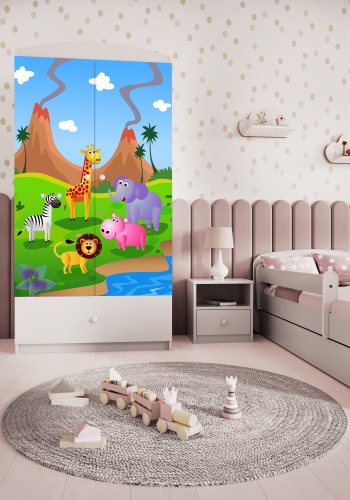 Babydreams Kleiderschrank für Kinder mit Safaritieren, m. 2 Türen, 1 Schublade - weißes Laminat
