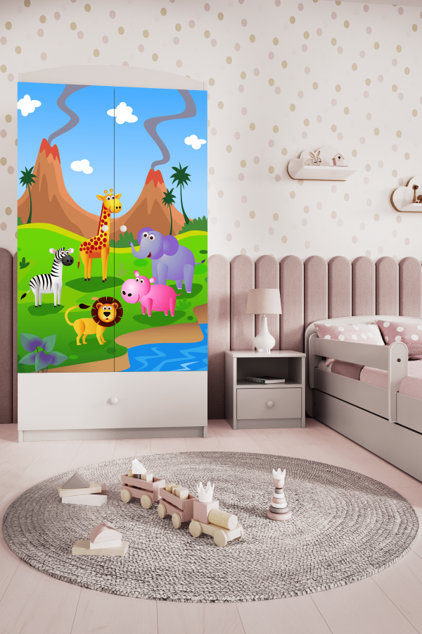 Babydreams Kleiderschrank für Kinder mit Safaritieren, m. 2 Türen, 1 Schublade - weißes Laminat