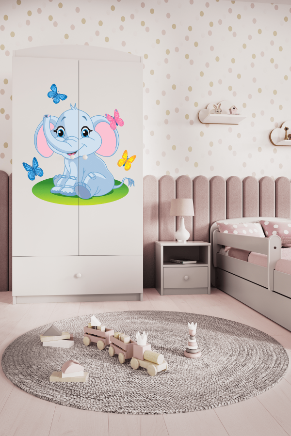 Babydreams garderobe for barn med elefant, m. 2 drer, 1 skuff - hvit laminat