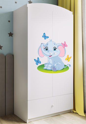 Babydreams garderobe for barn med elefant, m. 2 drer, 1 skuff - hvit laminat