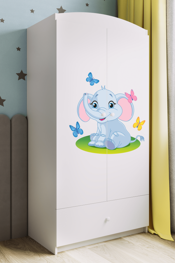 Babydreams garderobe for barn med elefant, m. 2 drer, 1 skuff - hvit laminat