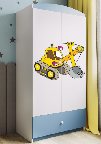 Babydreams Kleiderschrank für Kinder mit Bagger, 2 Türen, 1 Schublade - weiß und blau Laminat