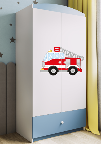 Babydreams garderobe for barn med brannbil, m. 2 drer, 1 skuff - hvit og bl laminat