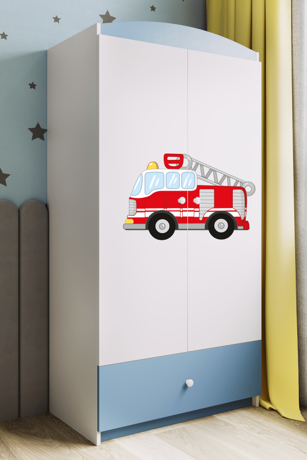 Babydreams garderobe for barn med brannbil, m. 2 drer, 1 skuff - hvit og bl laminat