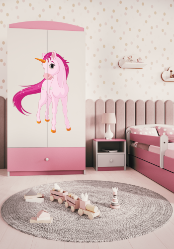 Babydreams garderobeskab til brn med enhjrning, m. 2 lger, 1 skuffe - hvid og lyserd laminat