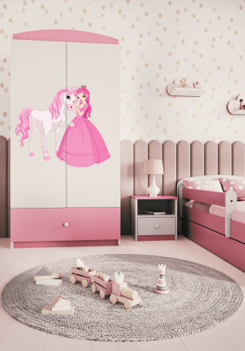 Babydreams garderobe for barn med prinsesse og hest, m. 2 drer, 1 skuff - hvit/rosa laminat