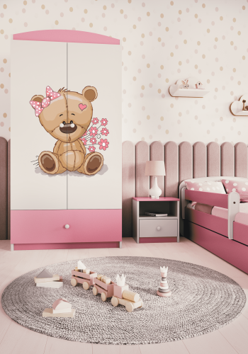 Babydreams garderobe for barn m. bamse m. blomster, m. 2 drer, 1 skuff - hvit/rosa laminat