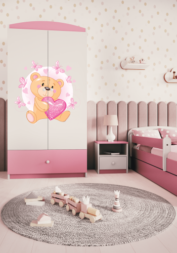 Babydreams garderobe for barn med bamse og sommerfugler, m. 2 drer, 1 skuff - hvit/rosa laminat