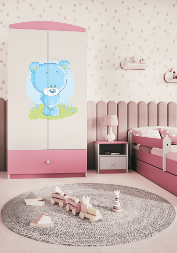 Babydreams garderobe for barn med bl bamse, m. 2 drer, 1 skuff - hvit og rosa laminat
